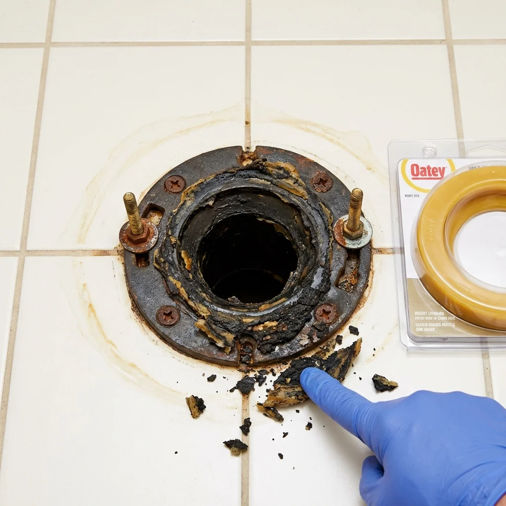 Failed wax ring showing water seepage at the base of a toilet in a Fayette, AL home
