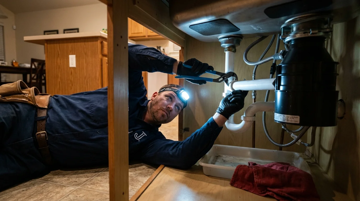 P-trap and supply line connections under a kitchen sink showing a common leak point in Fayette, AL